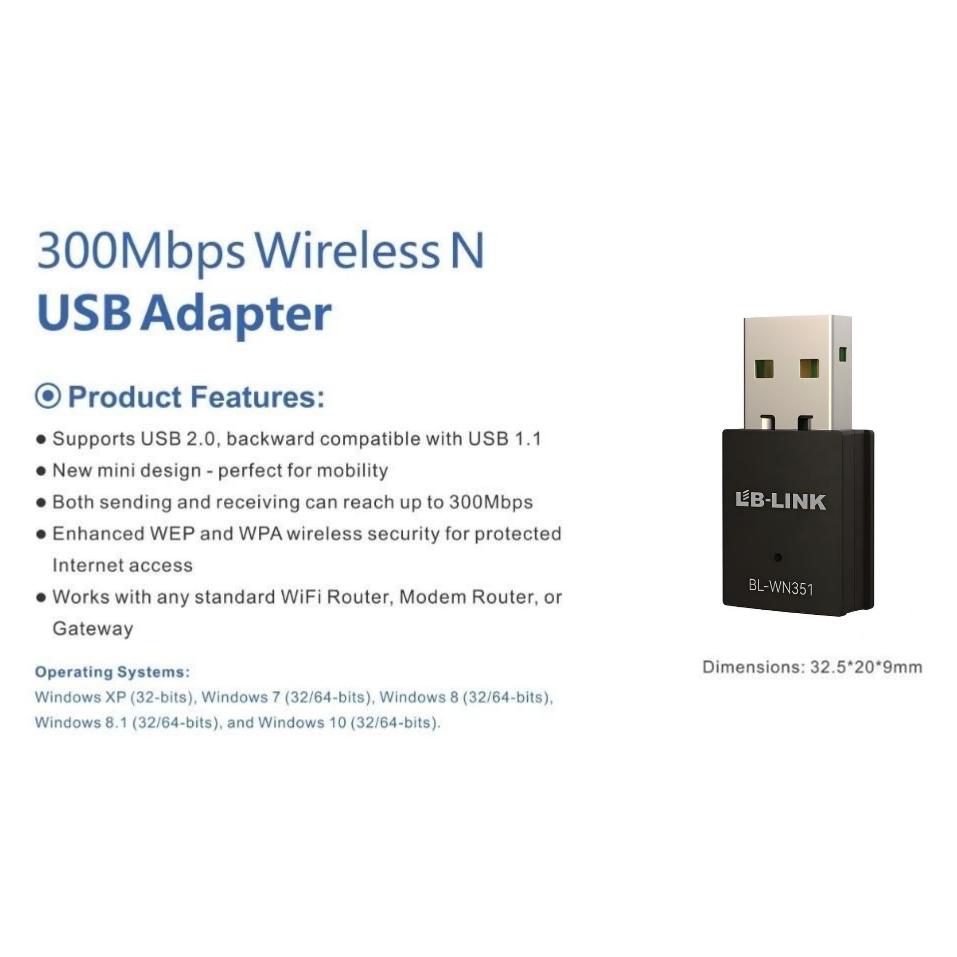 LB LINK 300MBPS WIRELESS ADAPTER BL-WN351-3