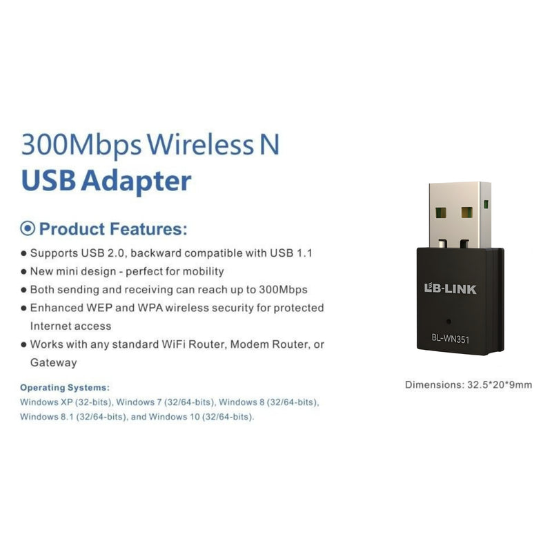 LB LINK 300MBPS WIRELESS ADAPTER BL-WN351-3